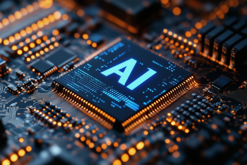 AI logo on a computer chip illuminated by blue light